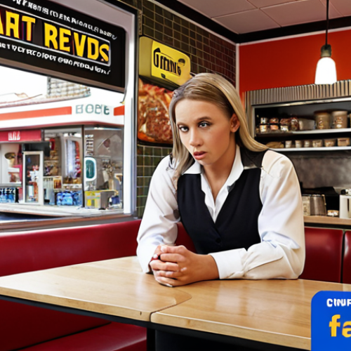 Home 11 **
A franchise cafe dealing with the spread of fake news online, showing a decline in customer traffic despite efforts to clarify the misinformation. The scene should convey a sense of crisis and reputation damage.
**