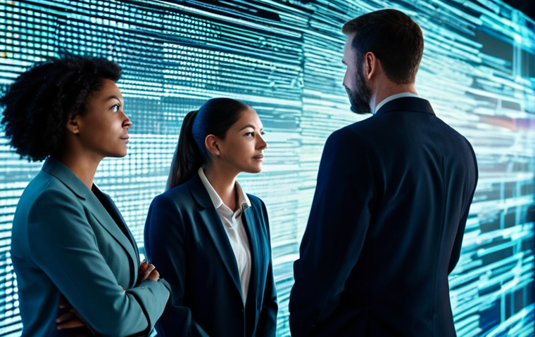A diverse group of adults, fully clothed in modest professional business attire, stands in a modern, abstract digital environment. Information streams flow around them as they thoughtfully observe and analyze data on glowing holographic screens. The scene emphasizes critical thinking and discernment amidst an information overload. Soft, analytical lighting. Professional photography, high resolution, perfect anatomy, correct proportions, well-formed hands, proper finger count, natural body proportions, natural pose, safe for work, appropriate content, family-friendly, professional dress.